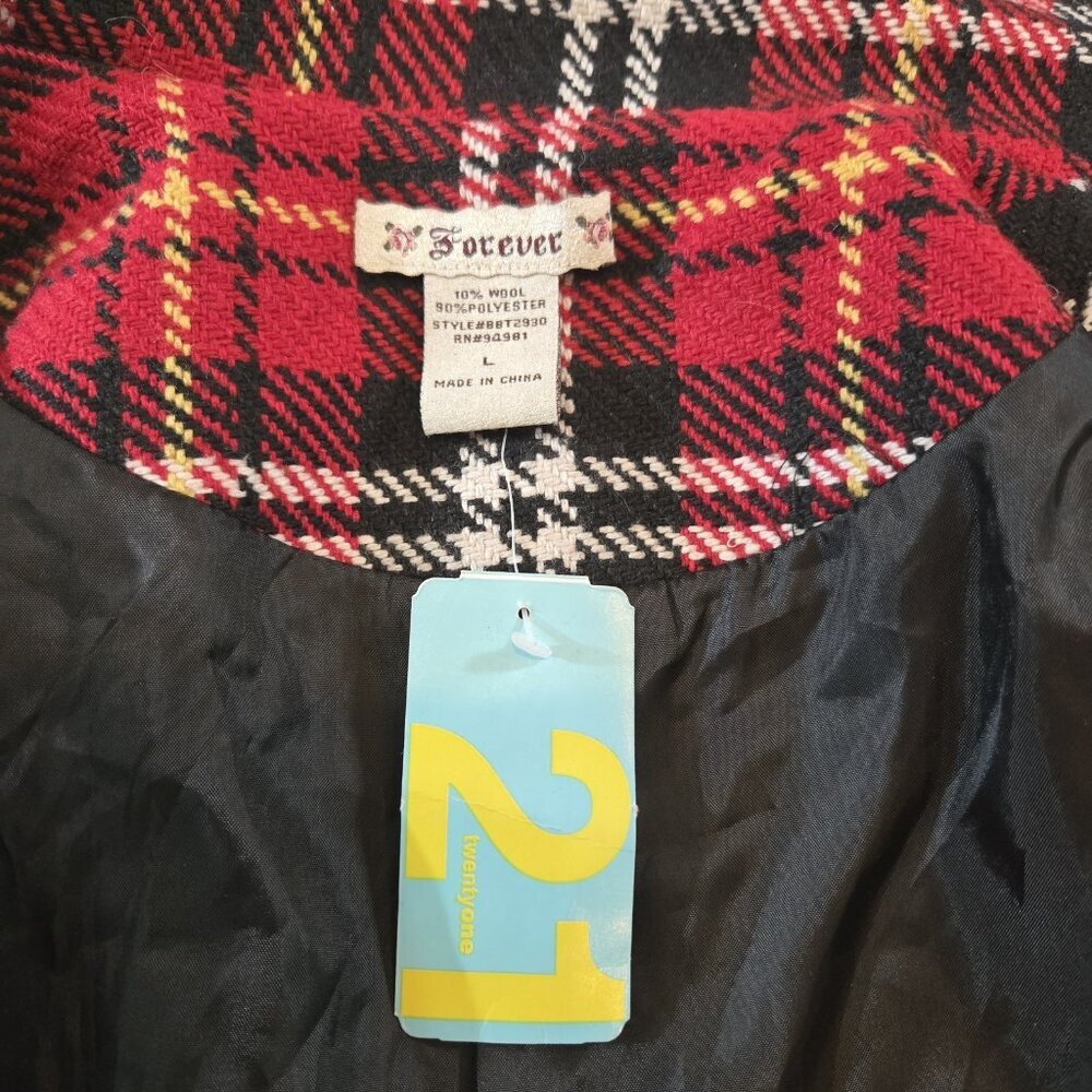 Forever 21 Wool Blend Plaid Button Up Pea Coat Large‎ Red Black White Gold NWT - Picture 4 of 8
